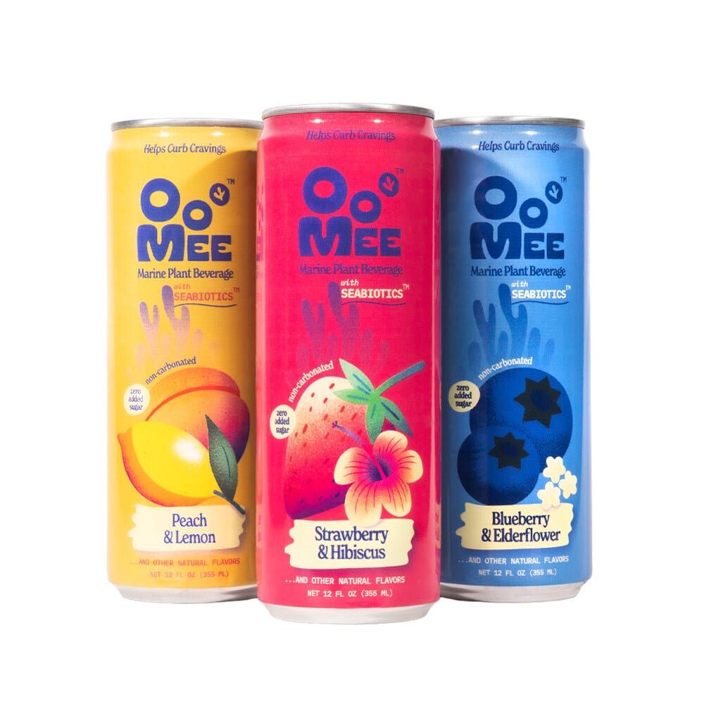 Three Oo MEE marine plant beverage cans: Peach & Lemon, Strawberry & Hibiscus, Blueberry & Elderflower.