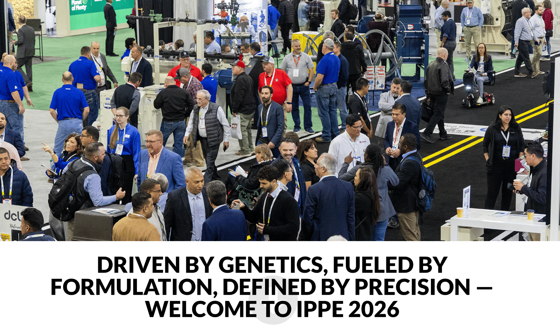 Crowded IPPE 2026 trade show floor bustling with attendees and industrial equipment.