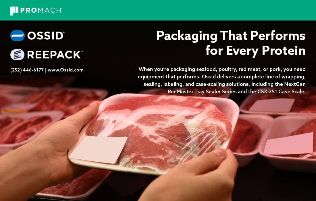Ossid ReeMaster protein packaging ad: hands holding a tray of raw meat.
