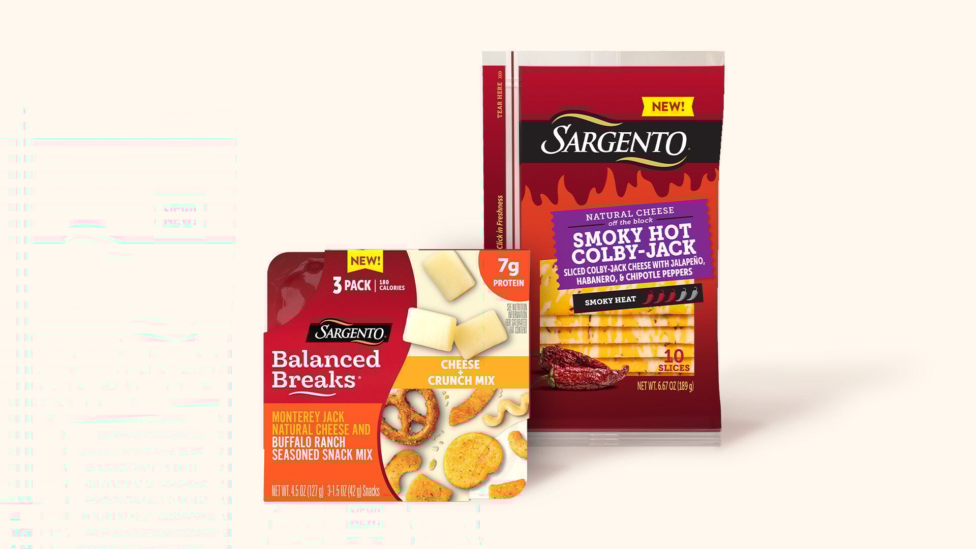 Two Sargento cheese packs: Balanced Breaks with Monterey Jack, Buffalo Ranch & Cheese Crunch Mix, and Smoky Hot Colby-Jack.