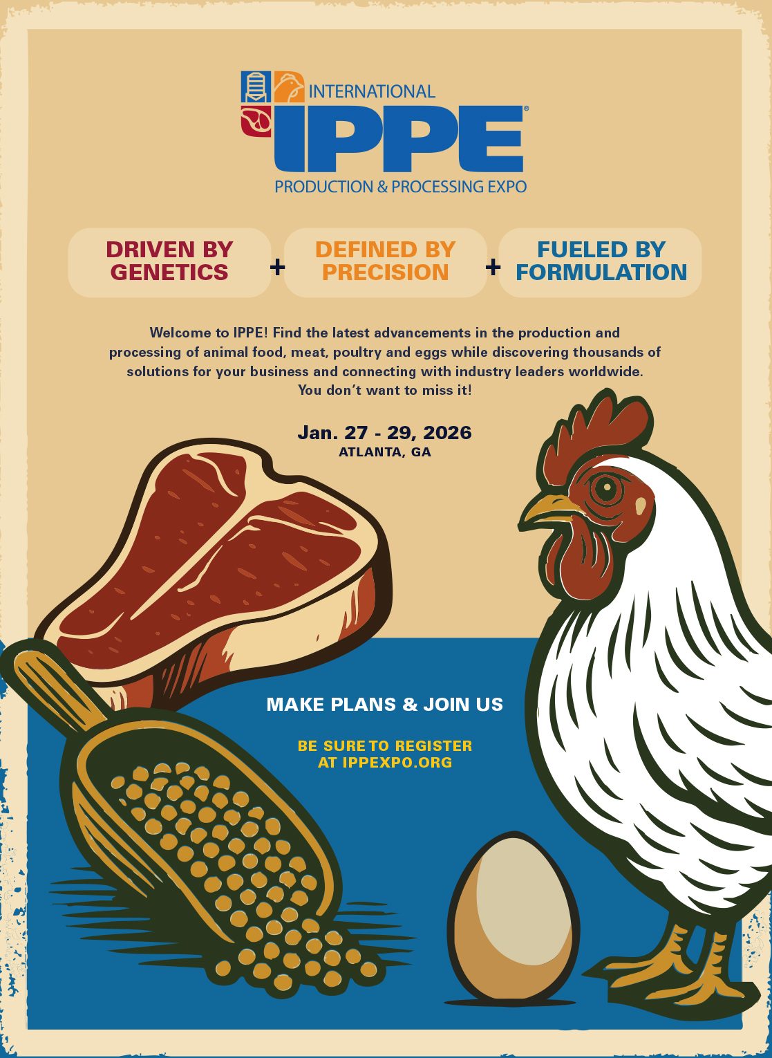 IPPE 2026 promo poster: Jan 27-29, Atlanta. Features steak, chicken, egg, and feed. Register online.