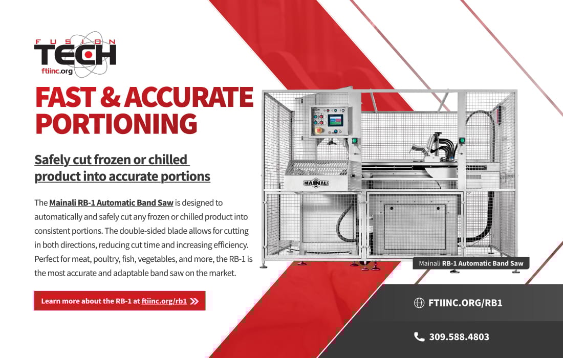 Mainali RB-1 Automatic Band Saw for fast, accurate portioning of frozen/chilled products.