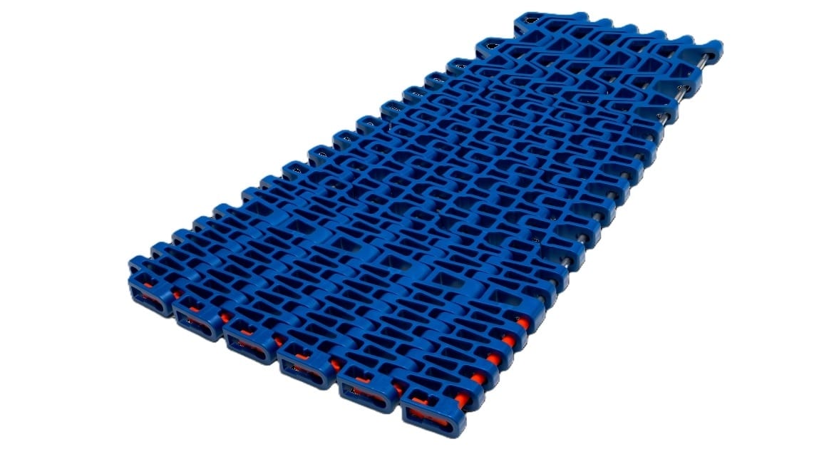 Blue modular conveyor belt with an open mesh design and orange connecting pins.