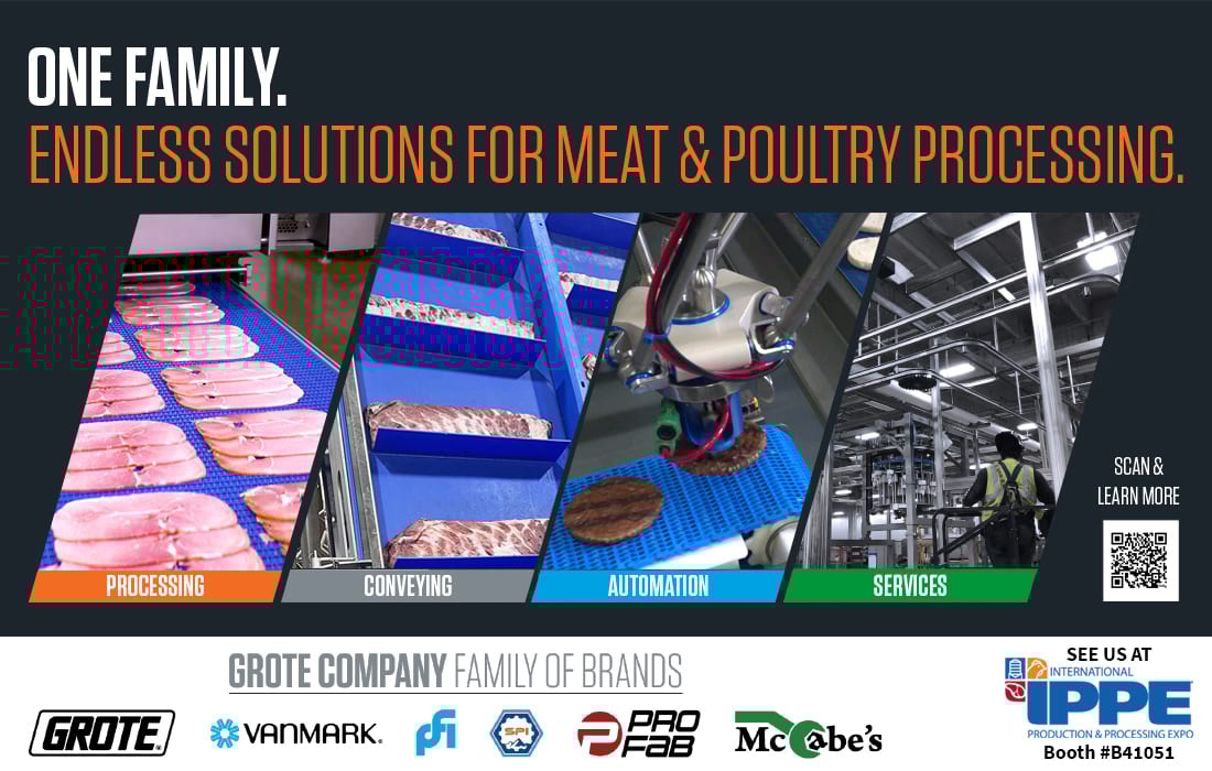 Grote Company ad: meat & poultry processing, conveying, automation & services. Visit us at IPPE.