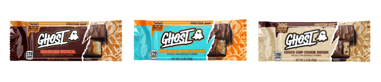 Three Ghost protein bars: Chocolate Caramel, Chocolate Peanut Butter, and Choco Chip Cookie Dough.