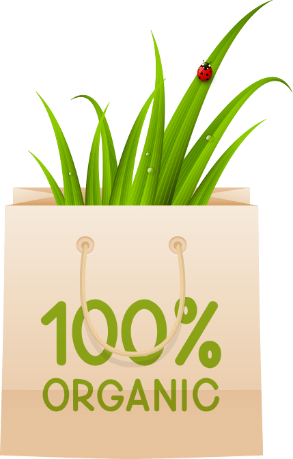 Paper bag with "100% ORGANIC" full of dewy grass and a ladybug.