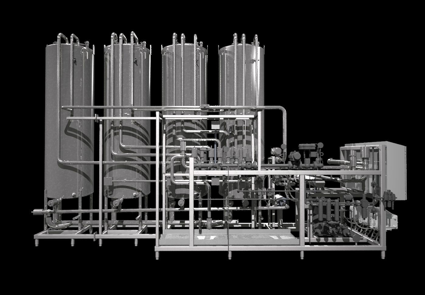 Grayscale image of an industrial processing unit with multiple tanks and complex piping.