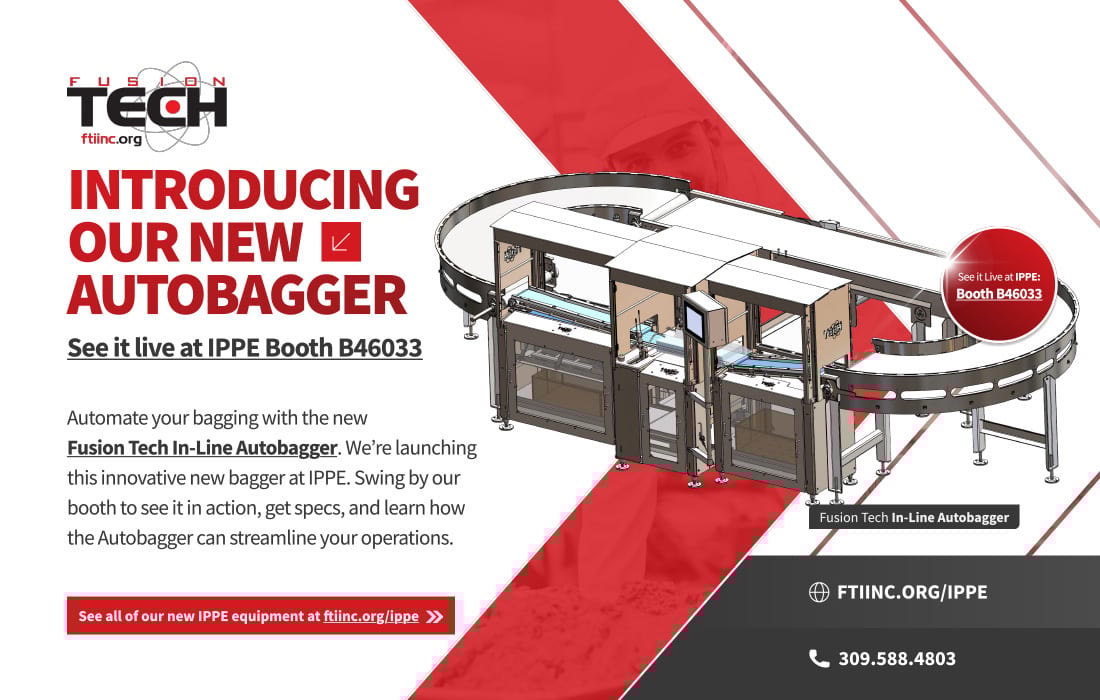 Ad for Fusion Tech In-Line Autobagger, to be seen live at IPPE Booth B46033.
