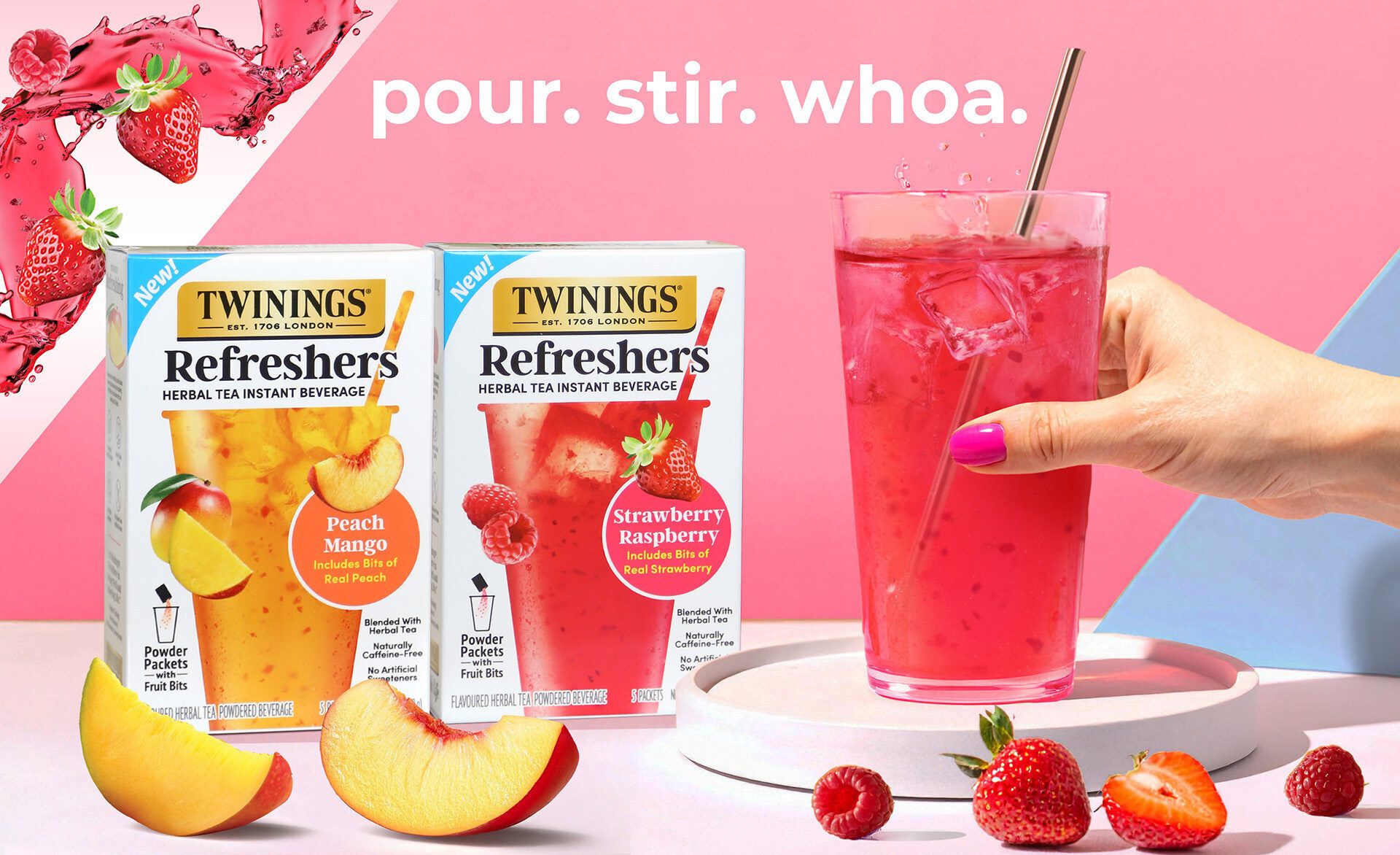 Two Twinings Refreshers tea mixes (Peach Mango, Strawberry Raspberry), drinks, fruit, and "pour. stir. whoa."