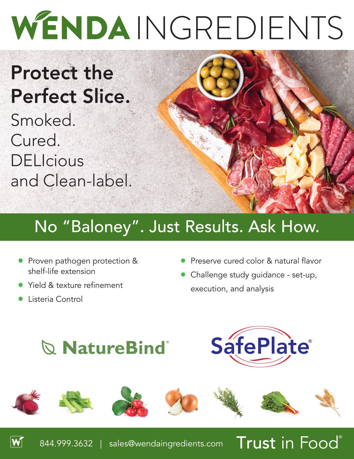 Wenda Ingredients ad with charcuterie board, promoting clean-label cured meat preservation.