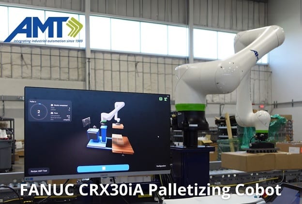 FANUC CRX30iA palletizing cobot, screen showing its simulation, and AMT logo in an industrial setting.