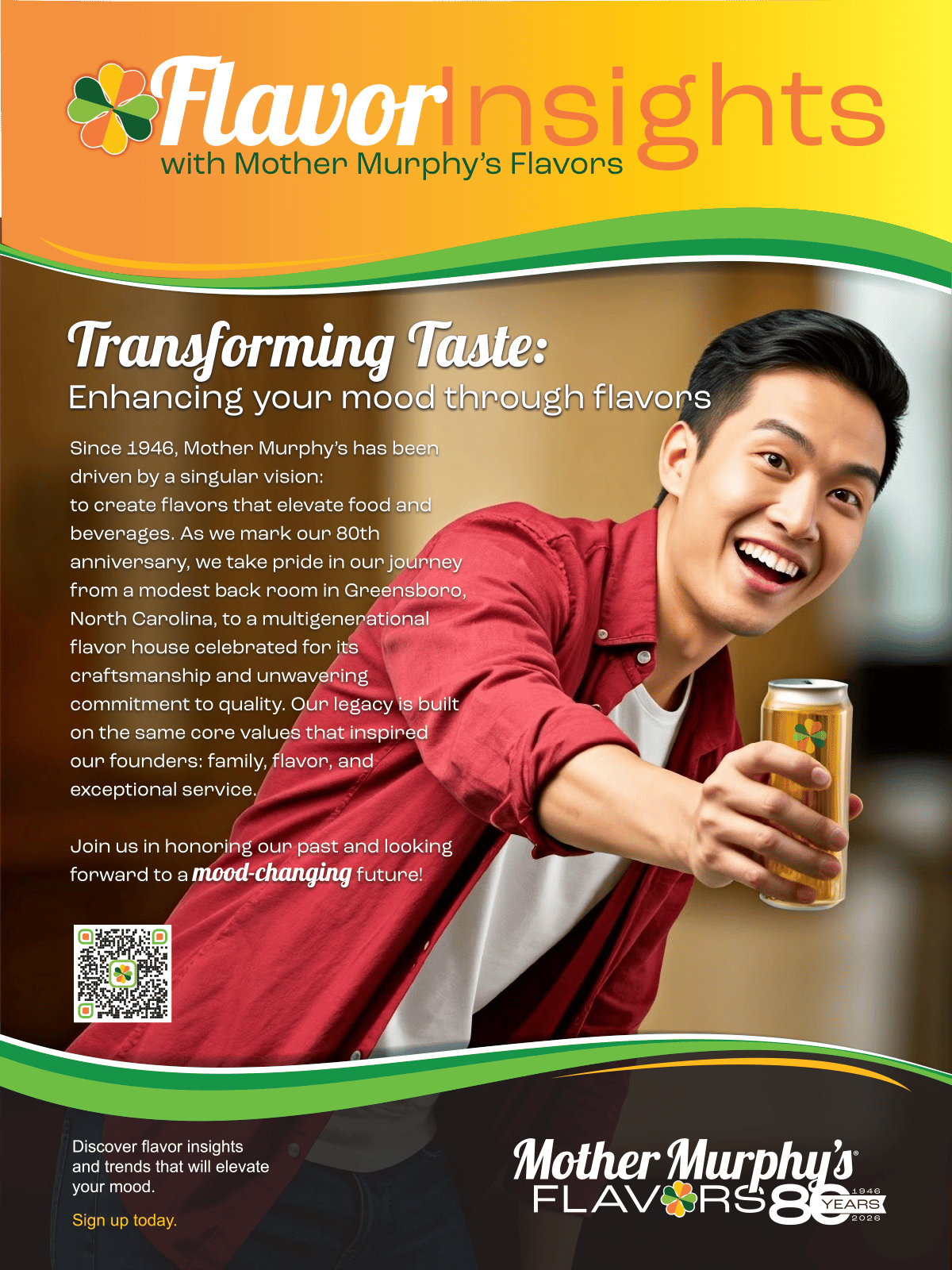 Man smiling and holding a can, alongside text about Mother Murphy's Flavors and "Transforming Taste".