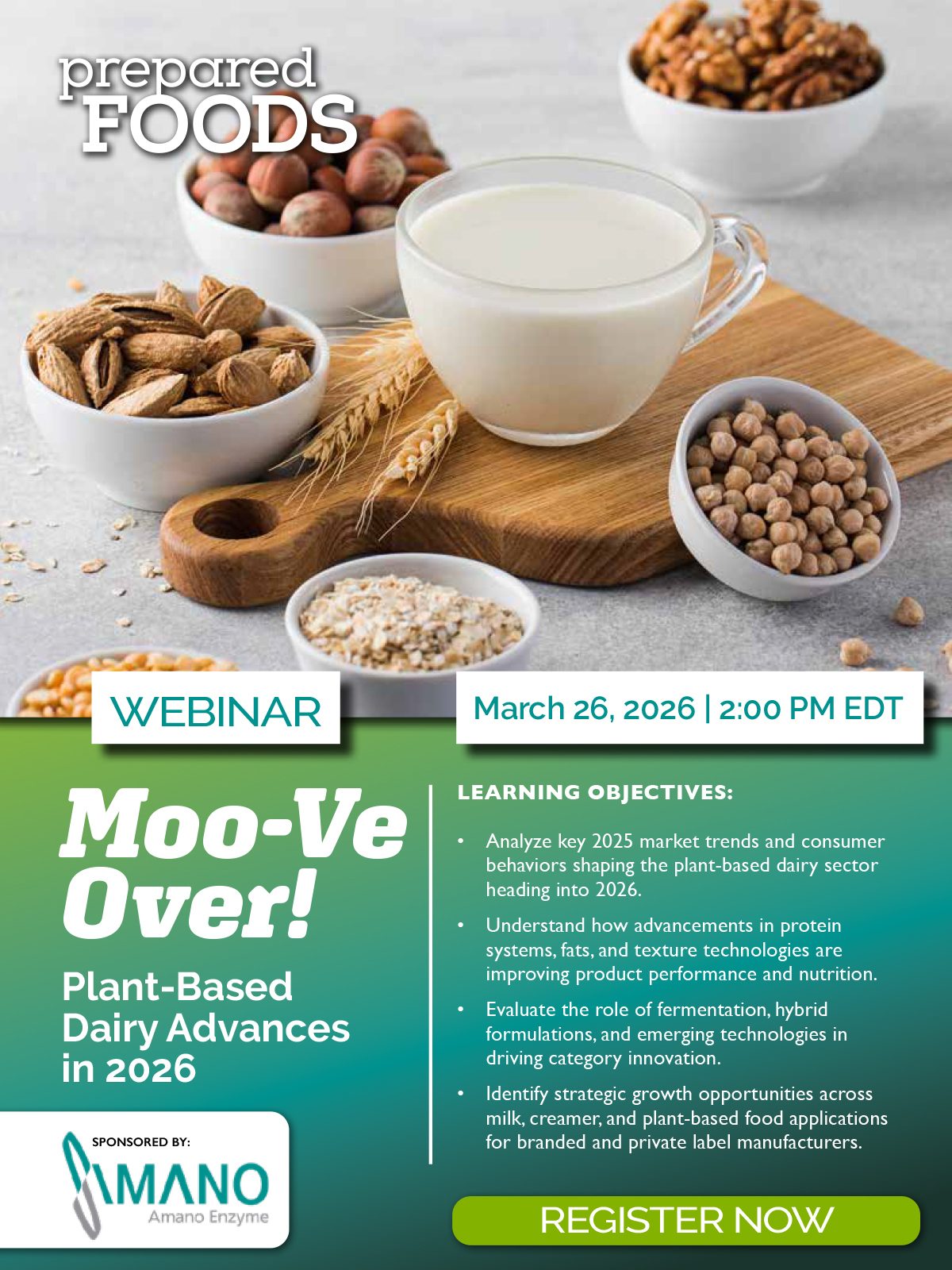 Webinar ad: 'Moo-Ve Over! Plant-Based Dairy Advances in 2026' with nuts, oats, chickpeas & plant milk.