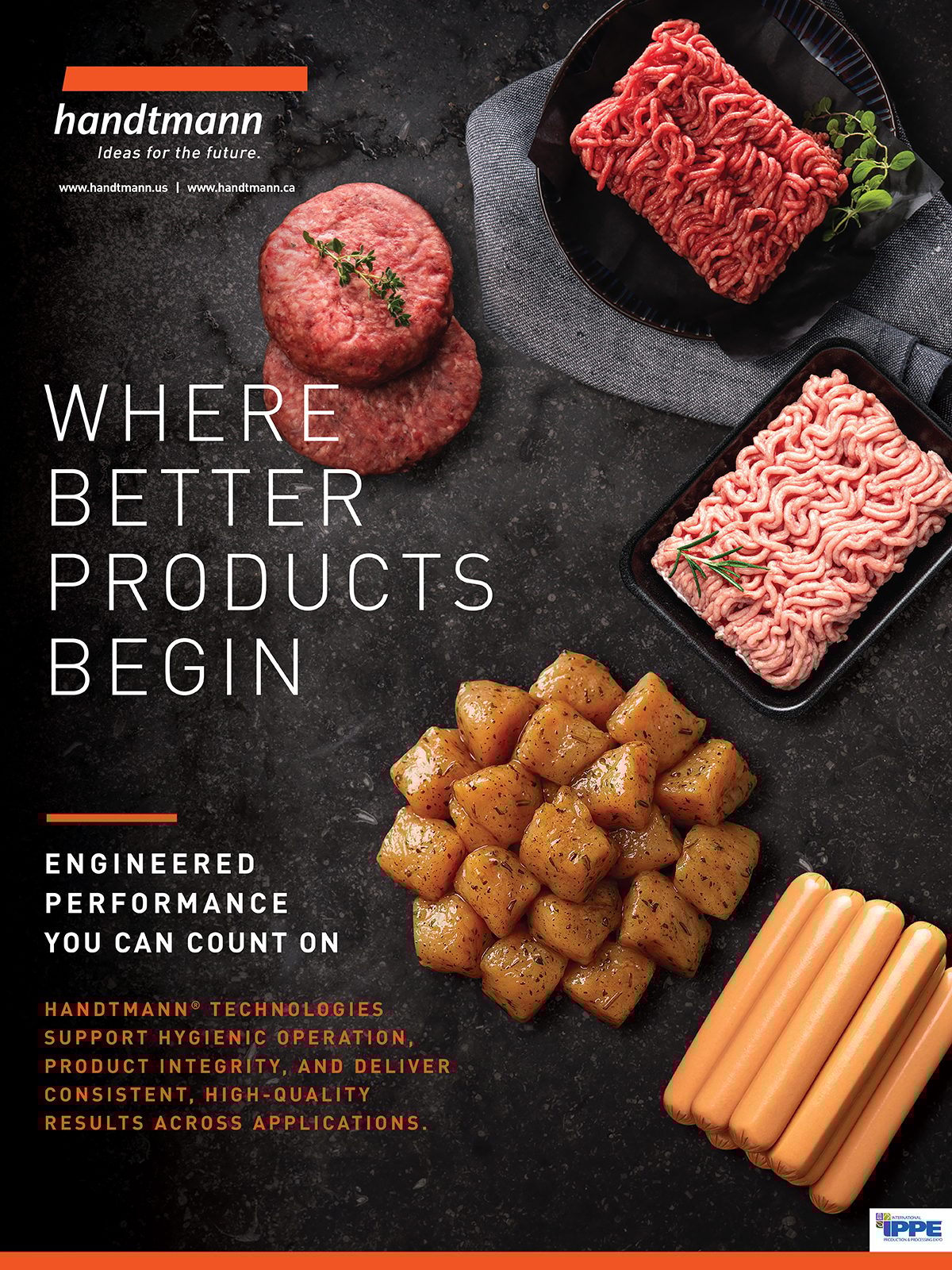 Handtmann ad: ground meat, patties, sausages, and seasoned cuts. Text: "WHERE BETTER PRODUCTS BEGIN."