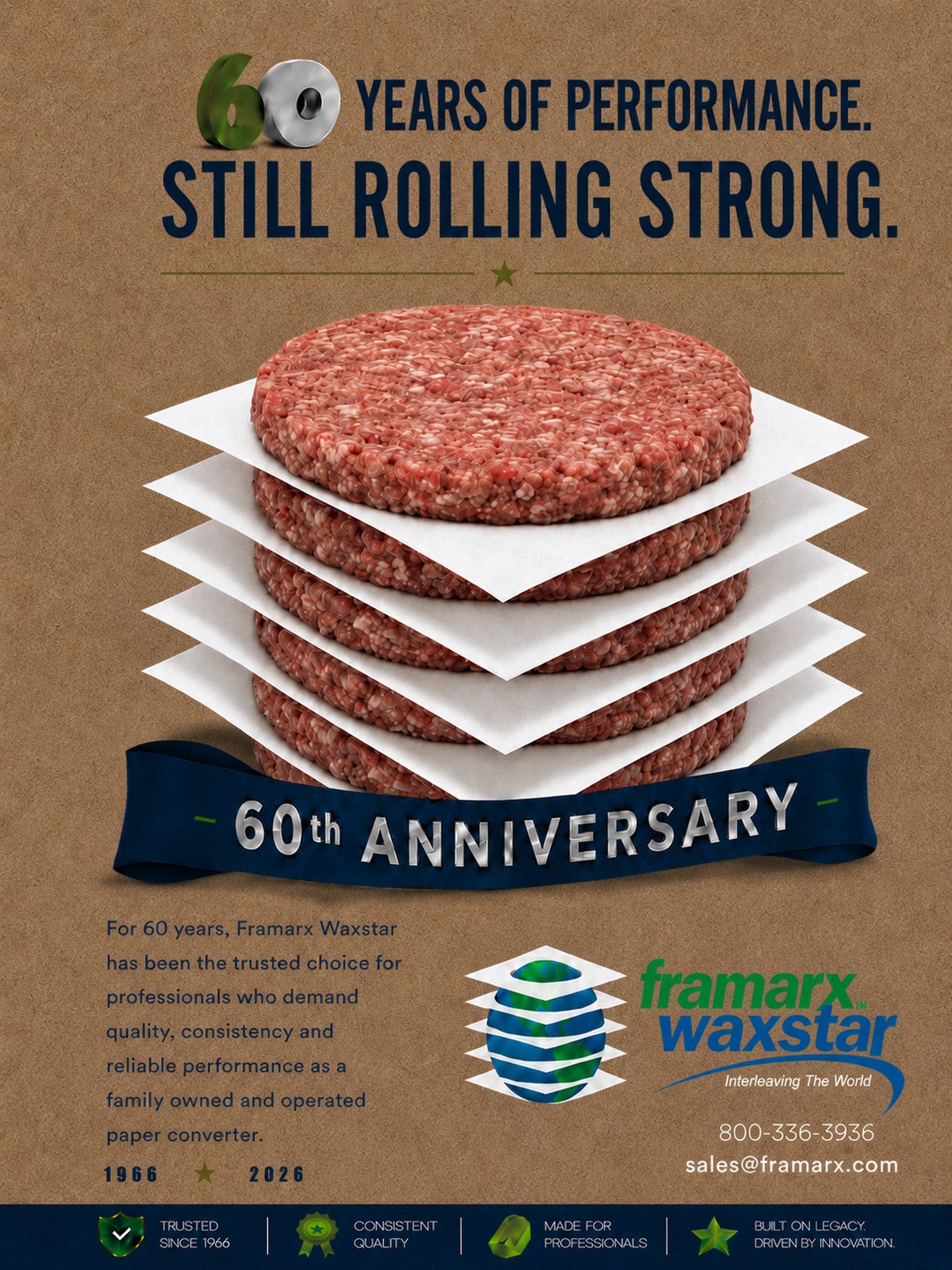 Ad for Framarx Waxstar celebrating 60 years with stacked burger patties and interleaving paper.