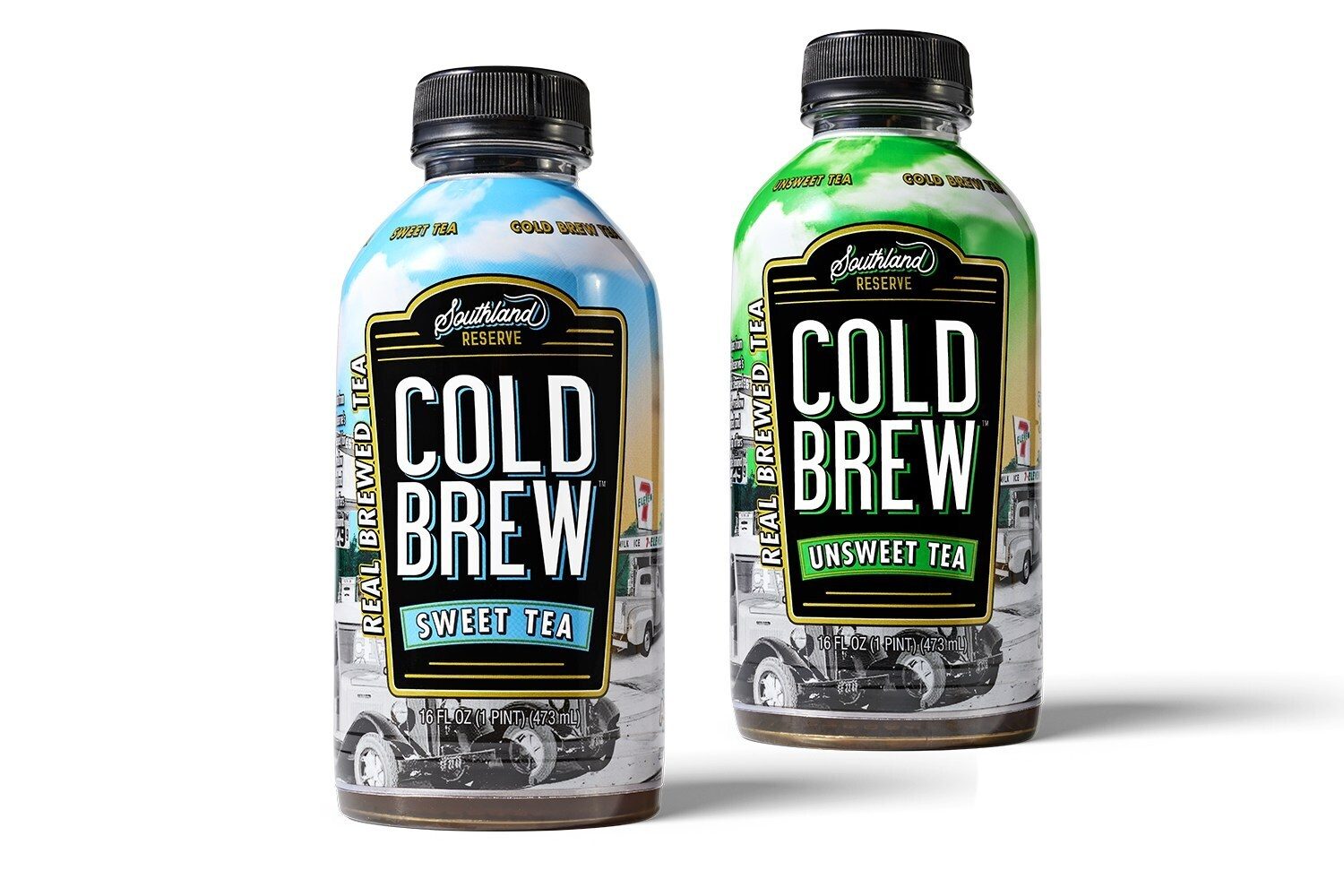 Two bottles of Southland Reserve Cold Brew: Sweet Tea (blue) and Unsweet Tea (green).