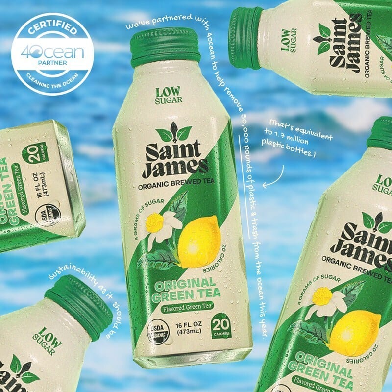 Saint James Organic Green Tea bottles with 4Ocean partnership for ocean cleaning.