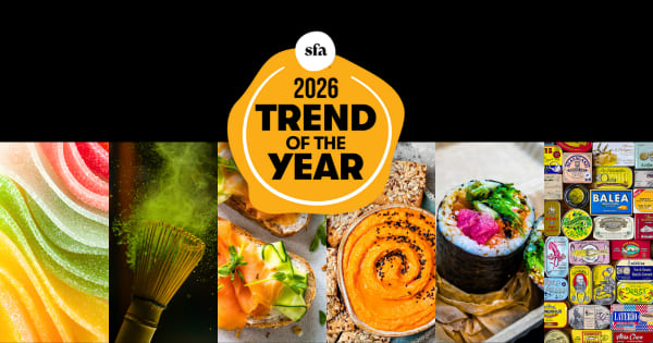 Banner with '2026 Trend of the Year' logo over a collage of food items: candy, matcha, salmon toast, dip, sushi, canned fish.