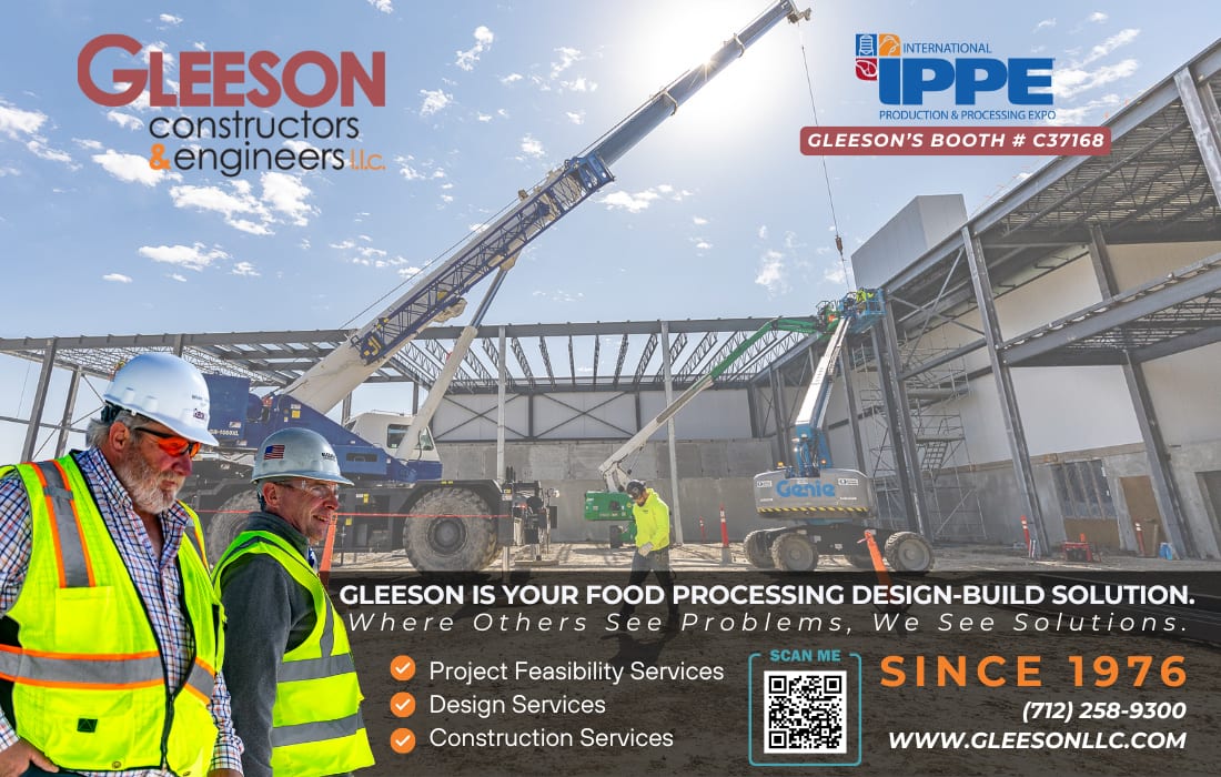 Gleeson Constructors ad: Food processing construction site, workers, services, and IPPE booth.