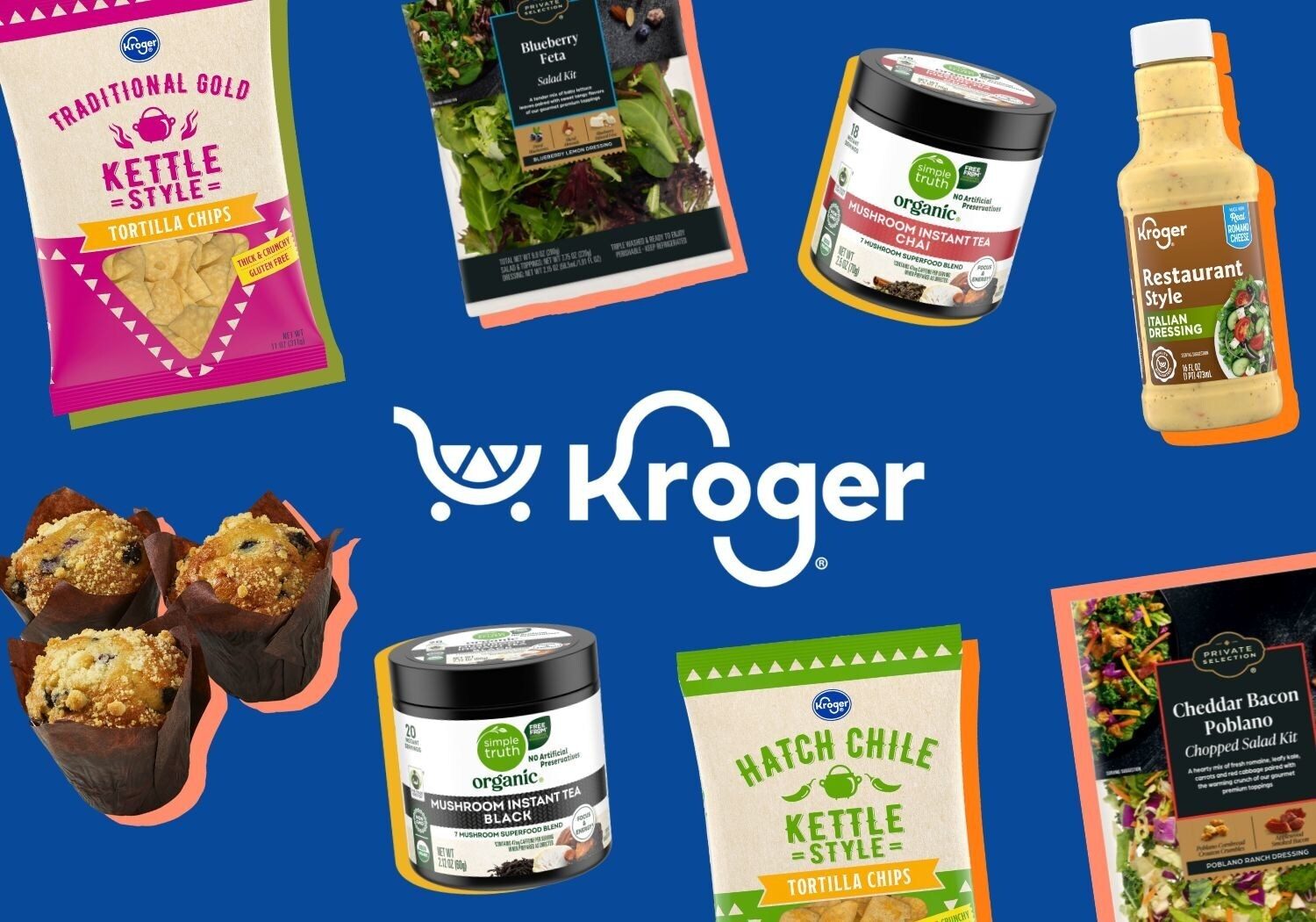 Kroger logo surrounded by various Kroger brand food products including chips, salads, and tea.
