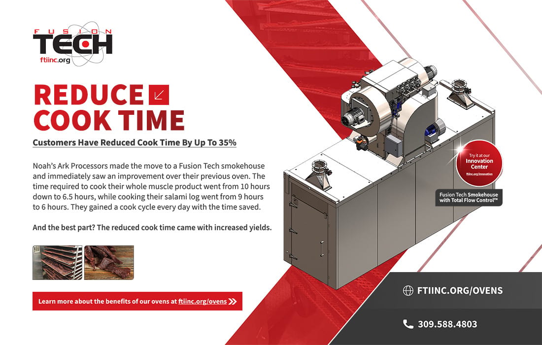 Advertisement for Fusion Tech smokehouse, detailing reduced cook time and increased yields.