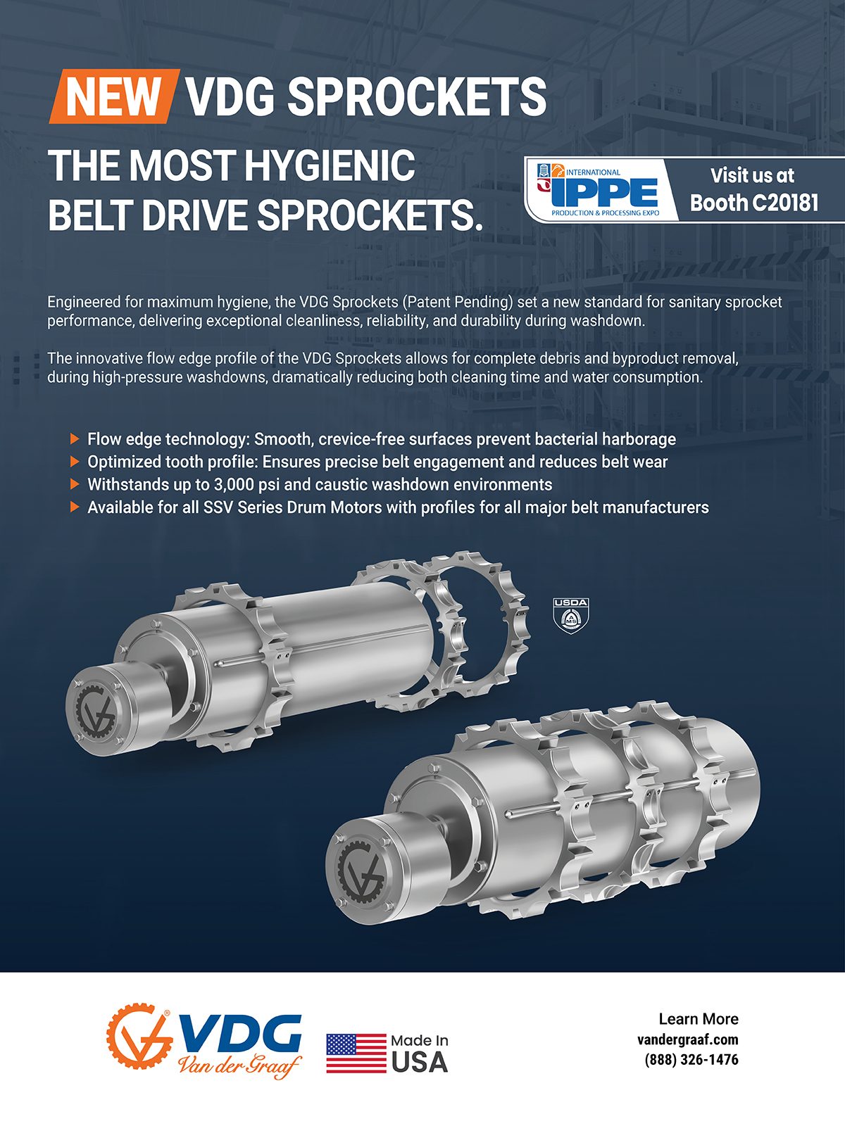 Ad for VDG Sprockets: Hygienic belt drive sprockets with sleek design, USDA approved. Product images.