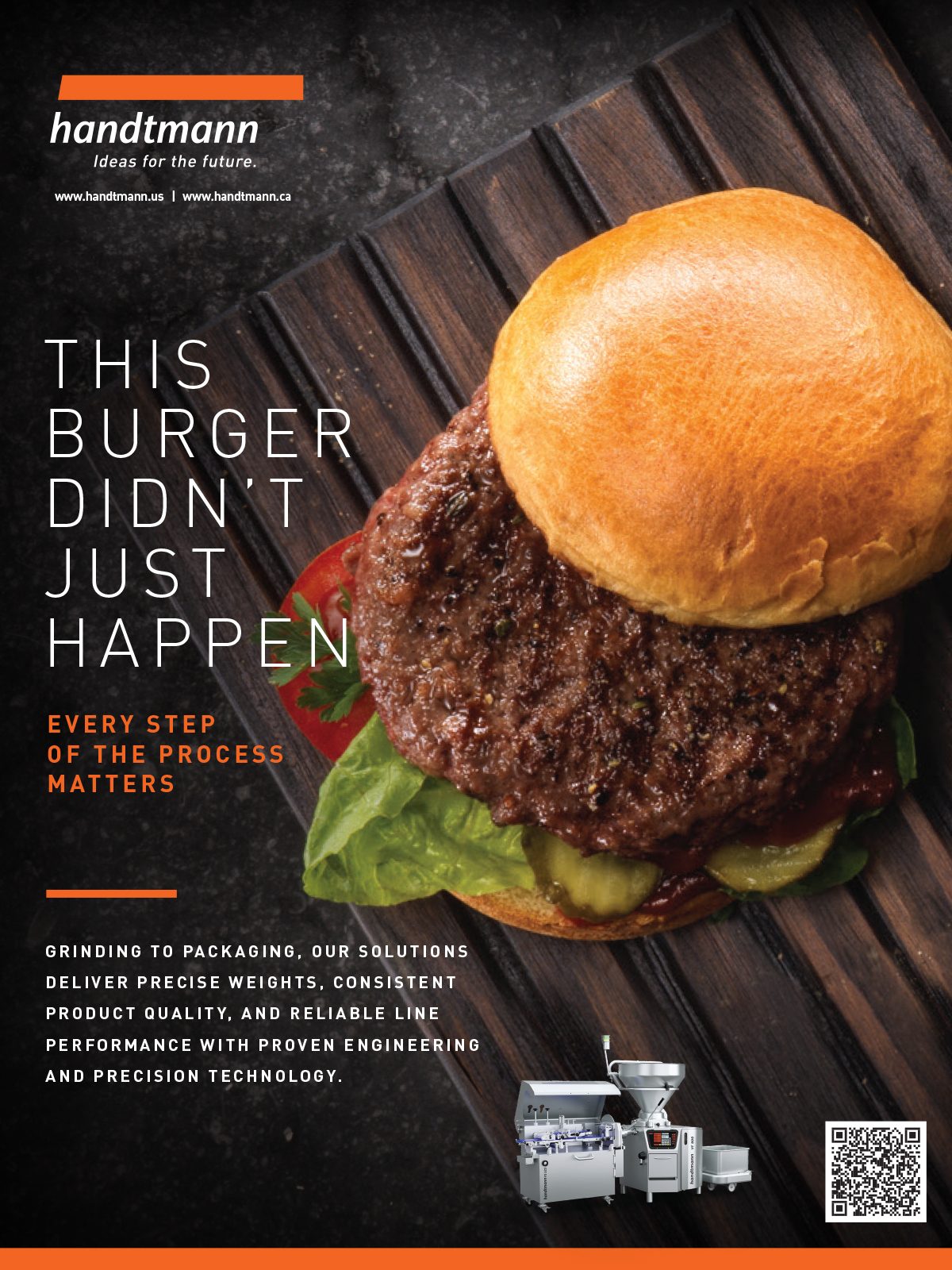 Ad for Handtmann food processing solutions, highlighting precision for consistent burger quality.