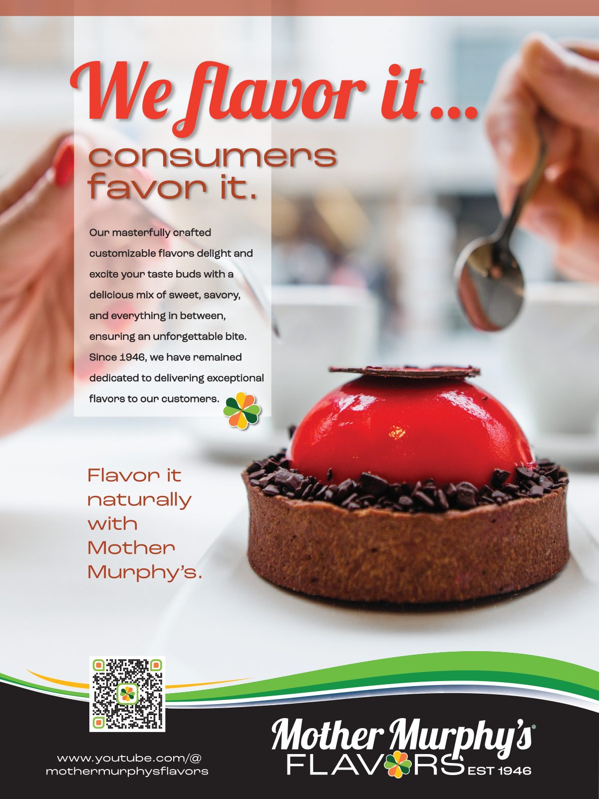 Ad for Mother Murphy's Flavors: Red dessert tart, "We flavor it... consumers favor it."