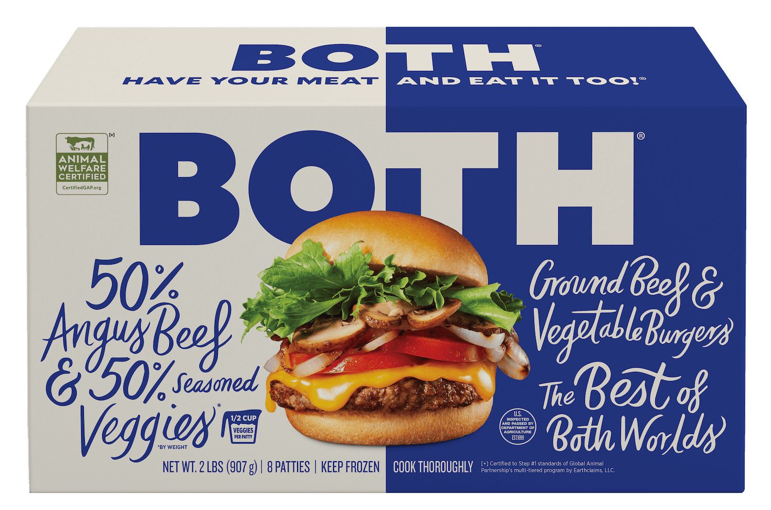 Packaging for "Both" burgers: 50% Angus Beef & 50% Seasoned Veggies, featuring a cooked burger.