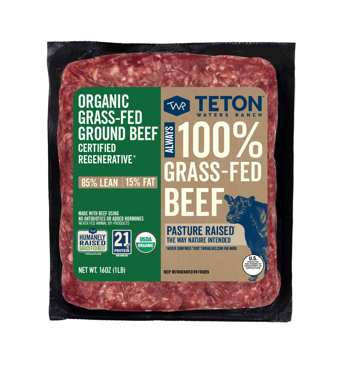 Teton Waters Ranch Organic Grass-Fed Ground Beef in a black package with green and beige label.