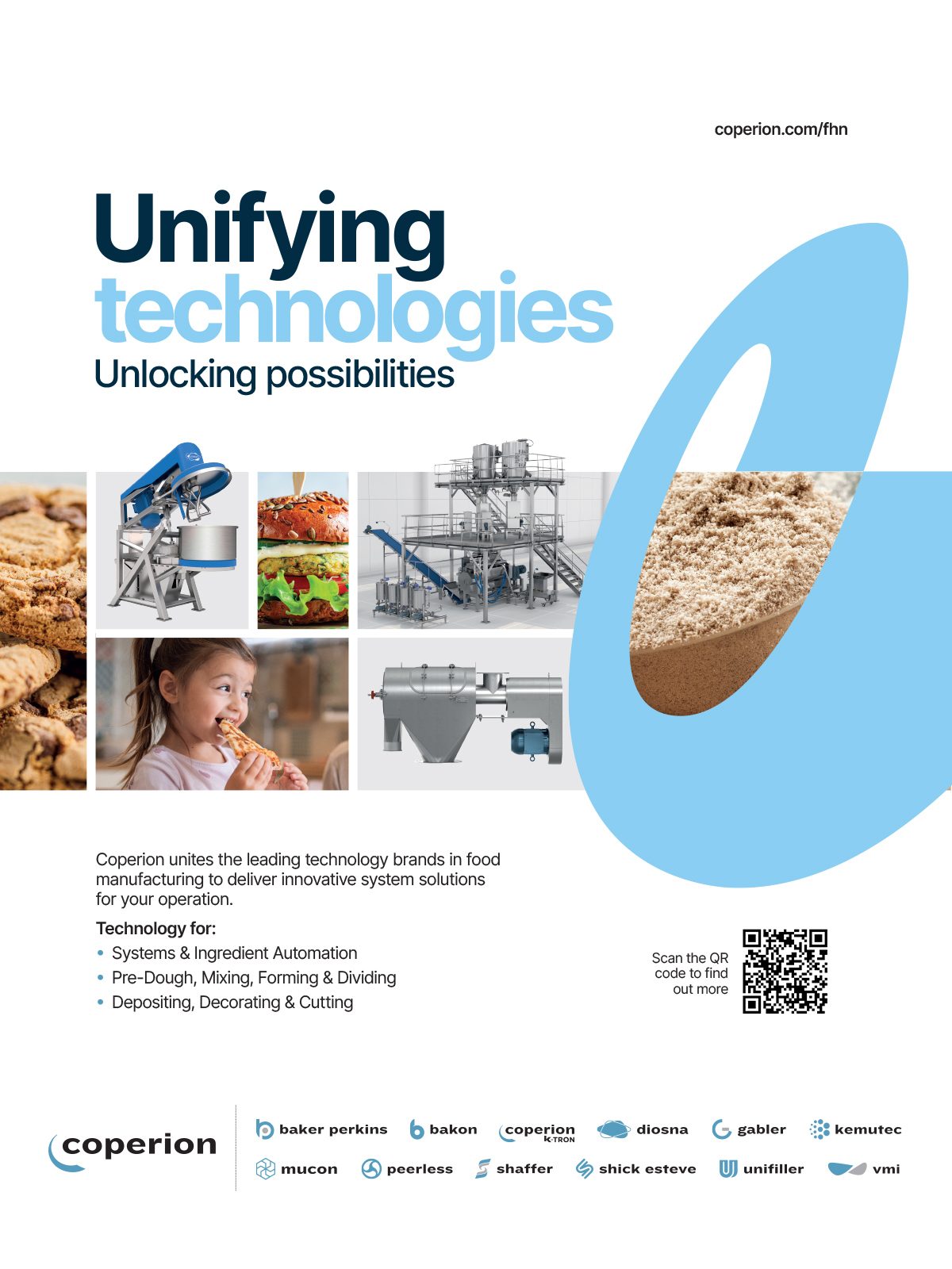 Ad for Coperion food processing technologies, equipment, and partner brands.
