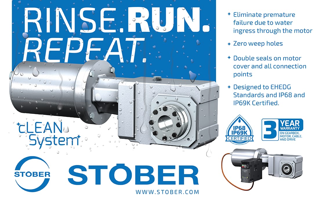 A Stober Clean System motor and gearbox unit, certified IP68/IP69K, designed for washdown environments.