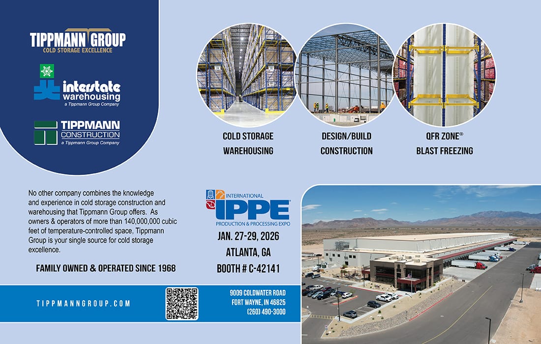Tippmann Group ad: cold storage, construction, blast freezing services. IPPE Expo, Booth #C-42141.