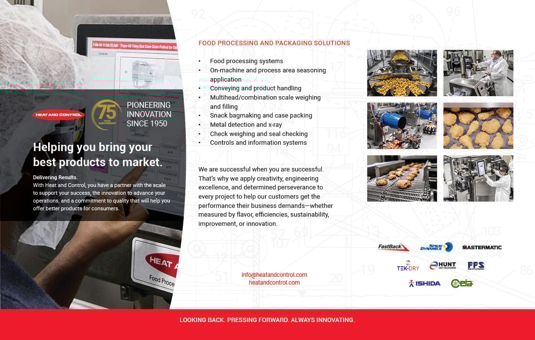 Heat and Control advertises food processing and packaging solutions, showing equipment and products.