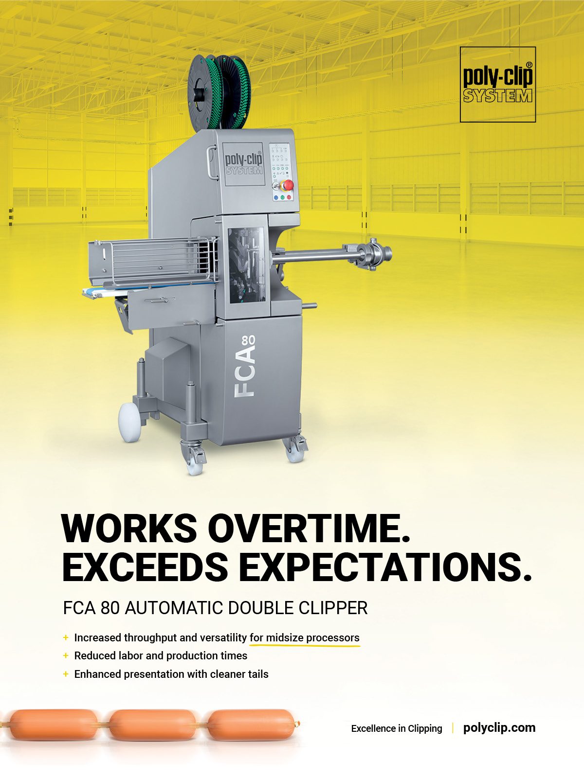 Poly-clip FCA 80 automatic double clipper machine processing sausages, with efficiency claims.