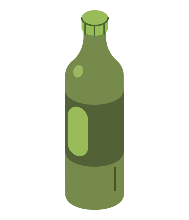 A stylized green bottle with a cap and a label.