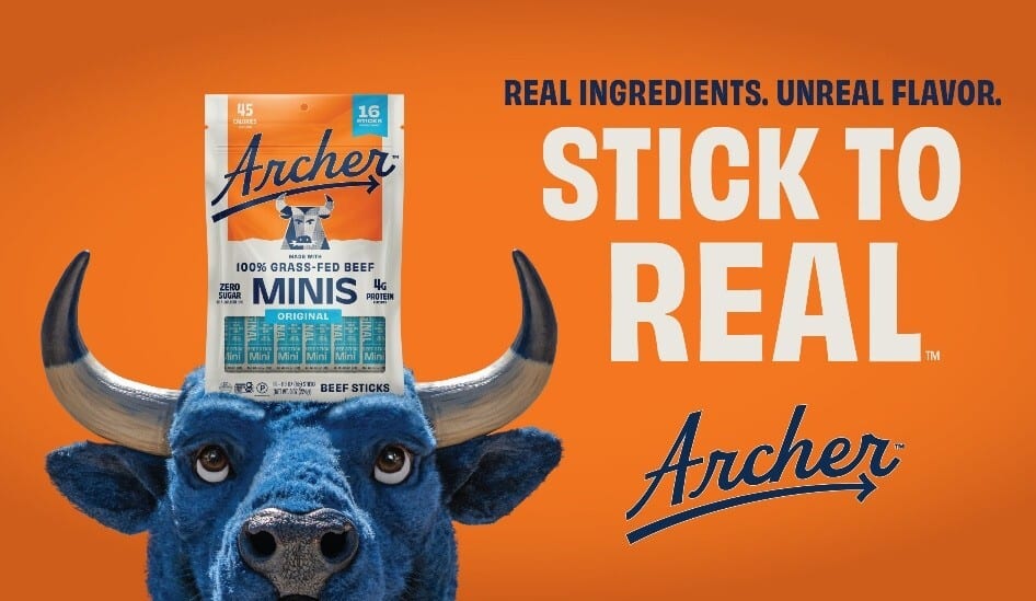 An Archer beef stick package is balanced on the head of a blue bull with the slogan 'STICK TO REAL'.