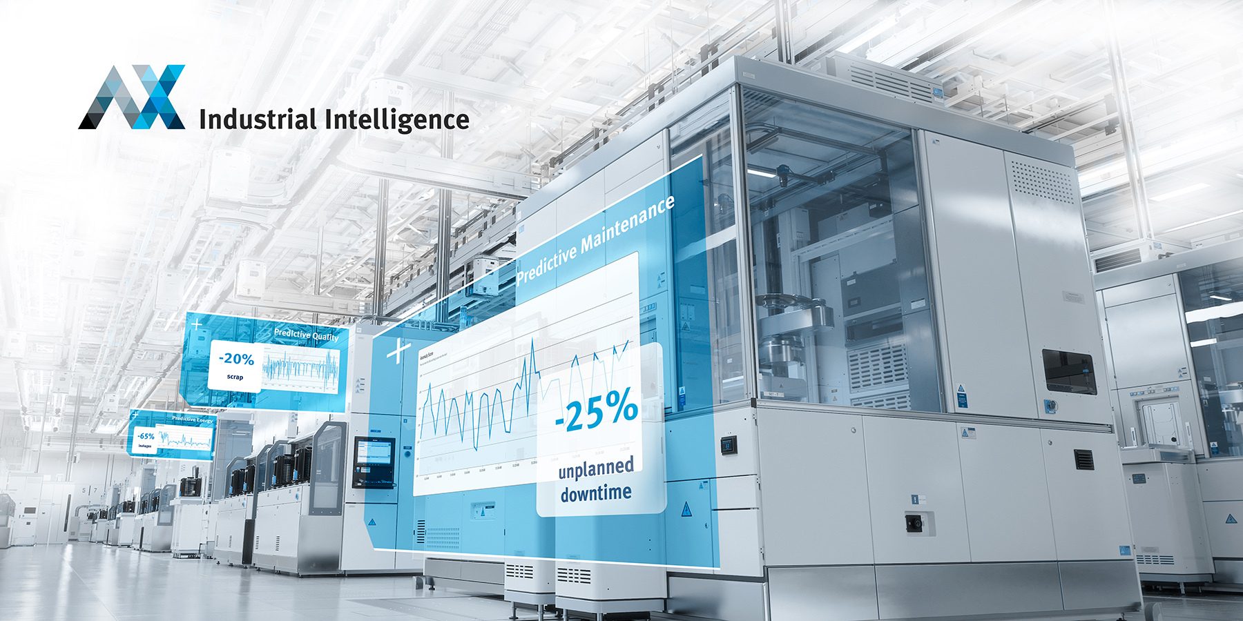 Industrial factory machines with digital overlays showing industrial intelligence benefits: reduced scrap, downtime.