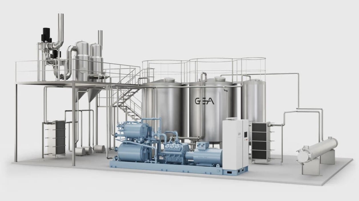 Industrial process plant with stainless steel tanks (GEA logo), blue machinery, and piping.
