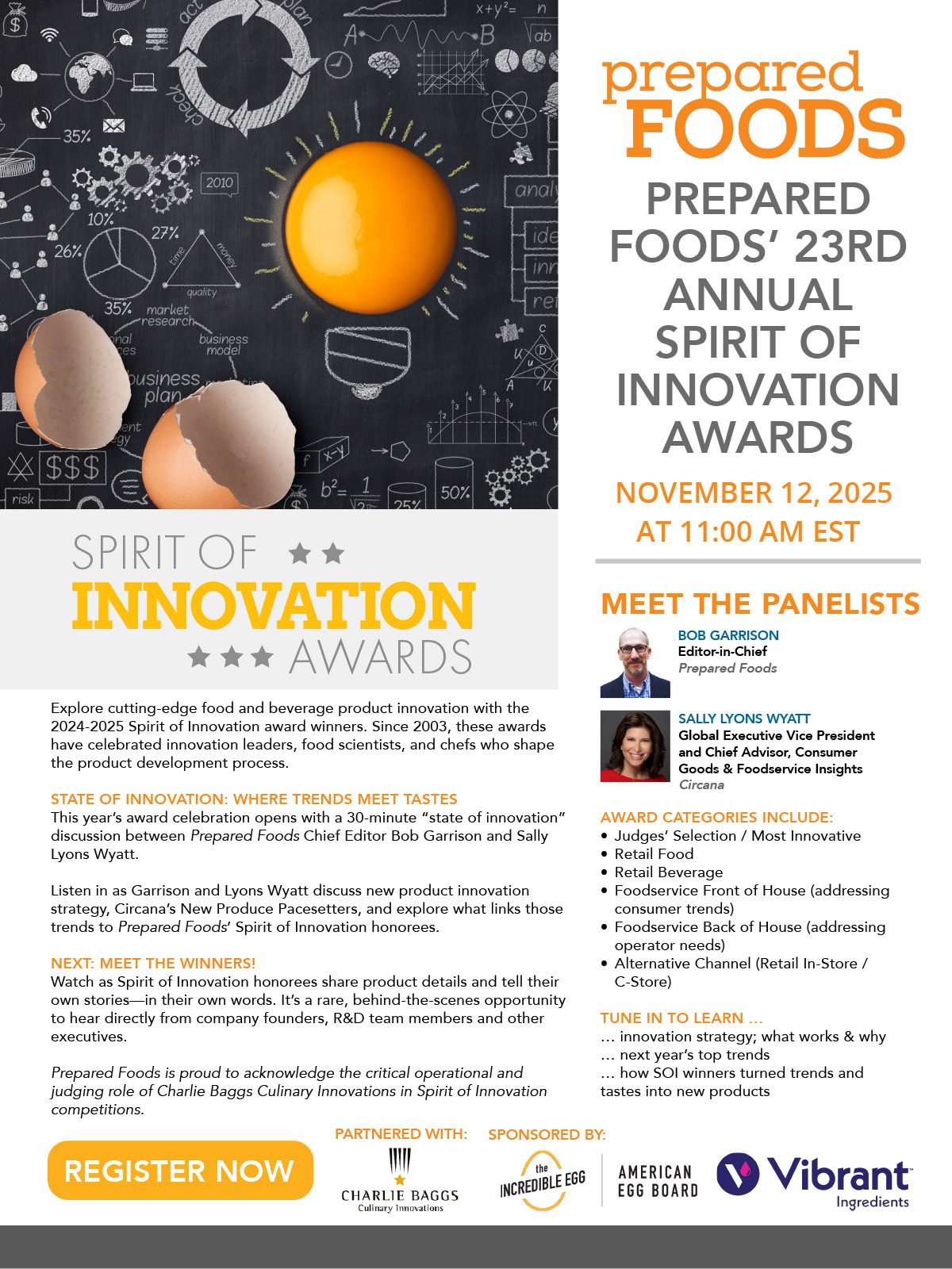 Ad for Prepared Foods' Annual Spirit of Innovation Awards, Nov 12, 2025, with an egg yolk graphic.