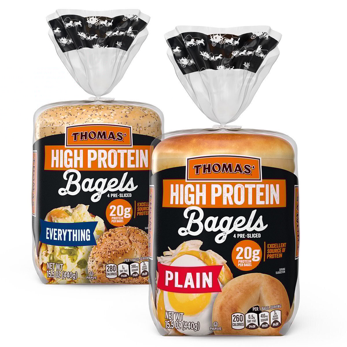 Two packs of Thomas' High Protein Bagels: Everything and Plain flavors, with nutritional info.