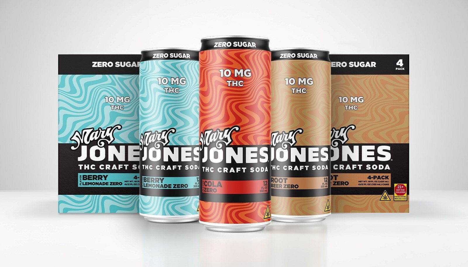 A 4-pack of Mary Jones Zero Sugar THC Craft Soda, 10mg THC, in assorted flavors.