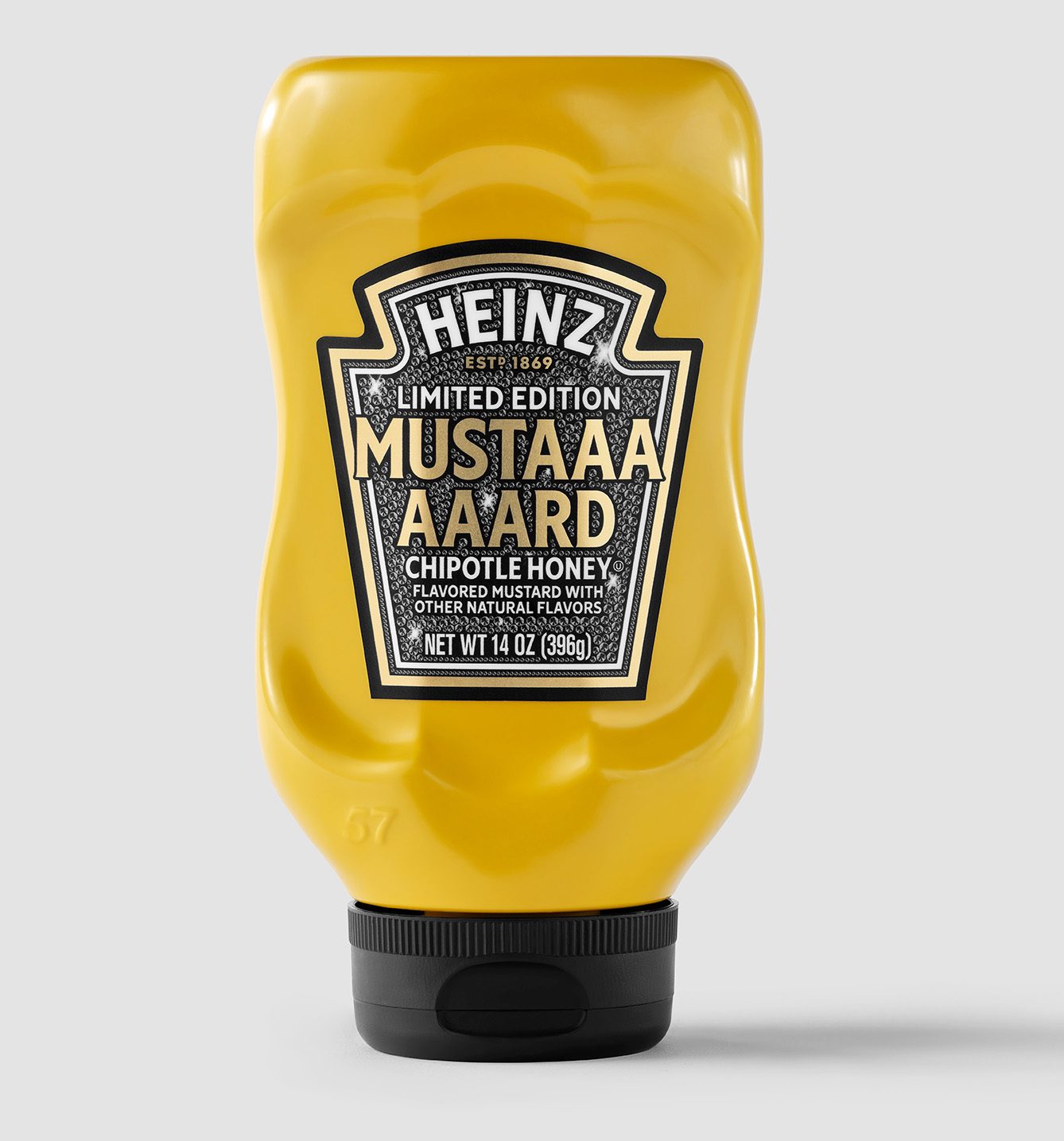 Yellow Heinz Mustaaa Aaard Chipotle Honey Flavored Mustard bottle with black label.