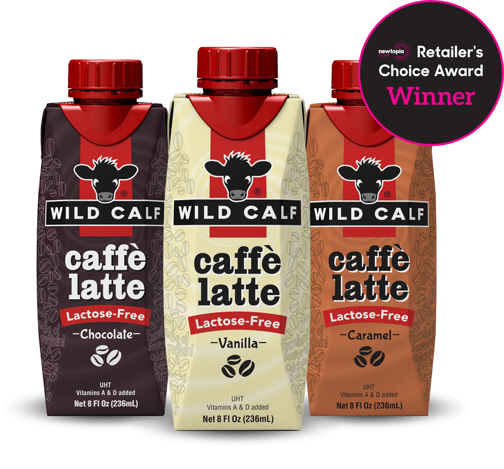 Three award-winning Wild Calf Lactose-Free caffè lattes: Chocolate, Vanilla, and Caramel flavors.