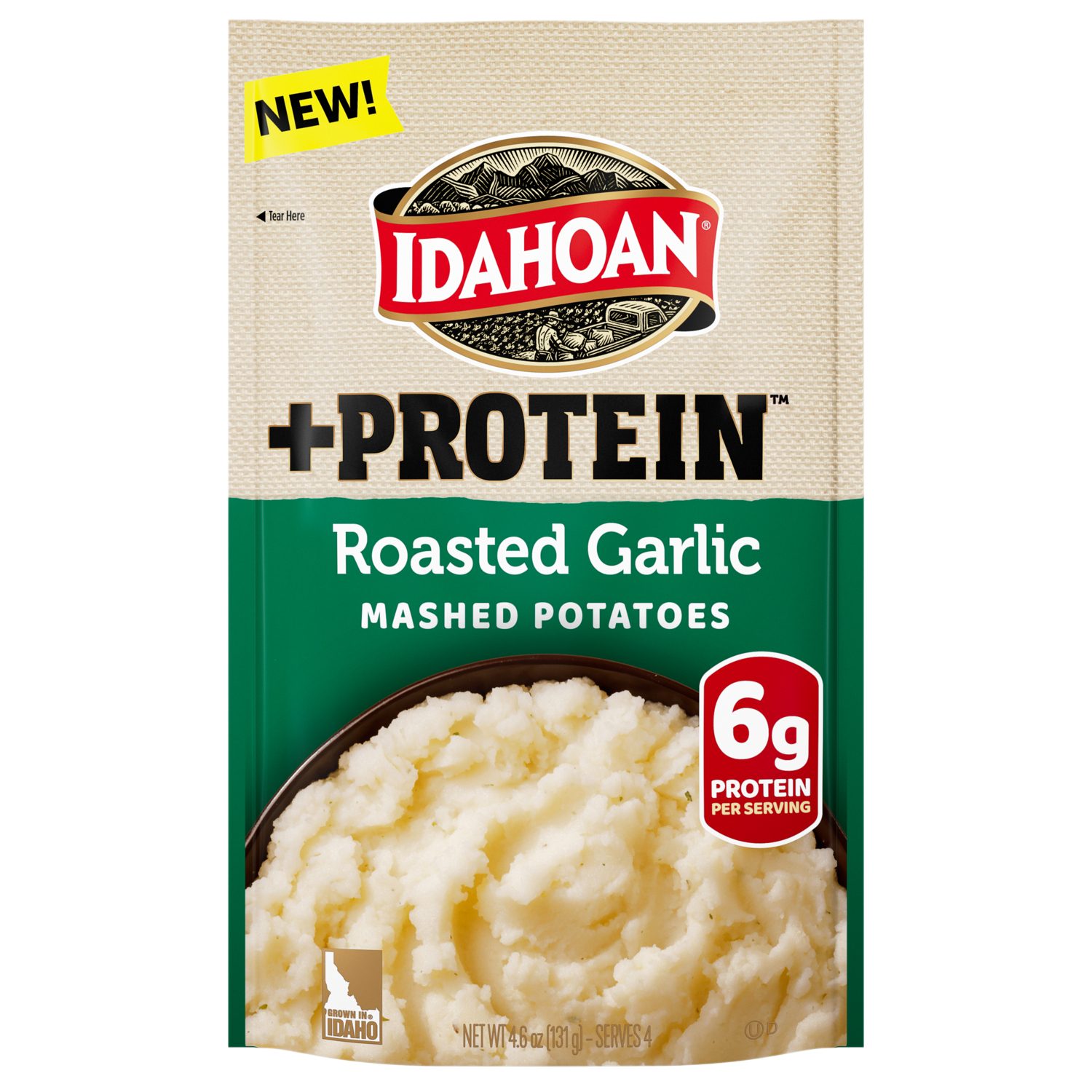 New Idahoan +Protein Roasted Garlic Mashed Potatoes packet with 6g protein per serving.