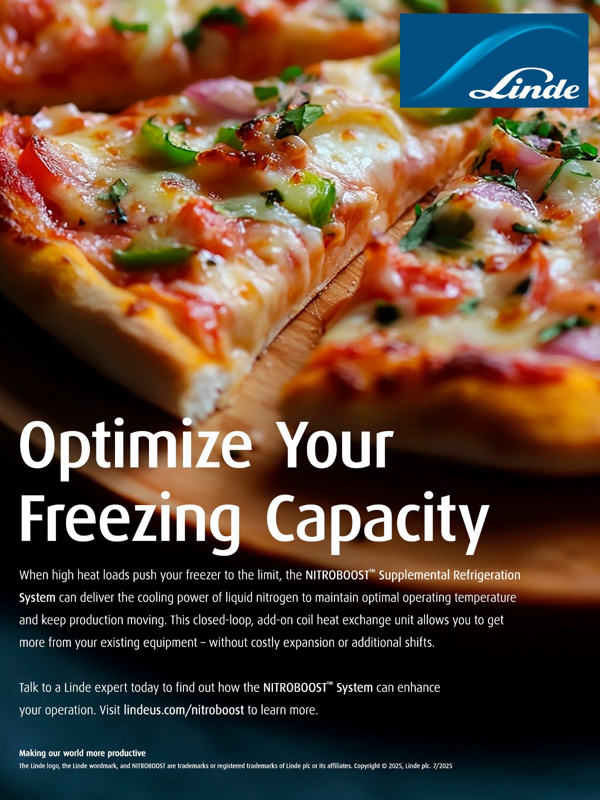 Linde ad: Pizza illustrates NITROBOOST™ system for optimizing freezing capacity.