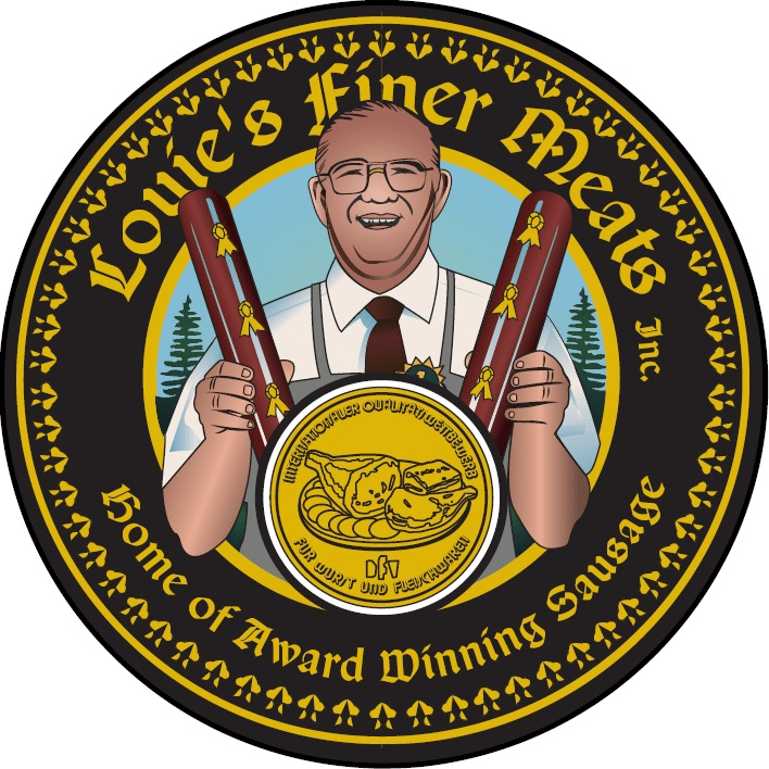 Louie's Finer Meats logo: Smiling man holding sausage awards, "Home of Award Winning Sausage."