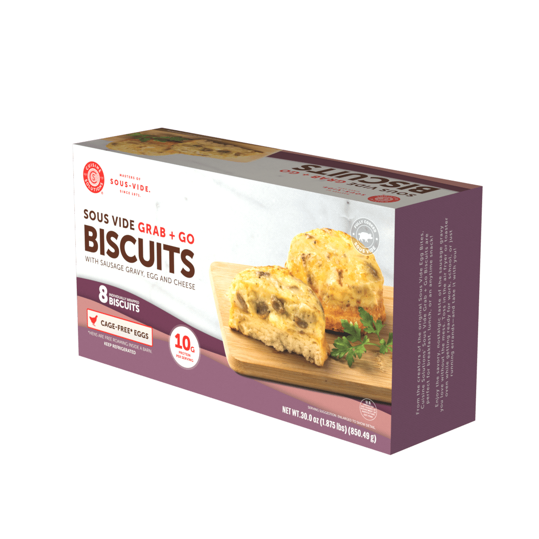 Box of Sous Vide Grab + Go Biscuits with sausage, egg, cheese, 8 count, cage-free eggs.