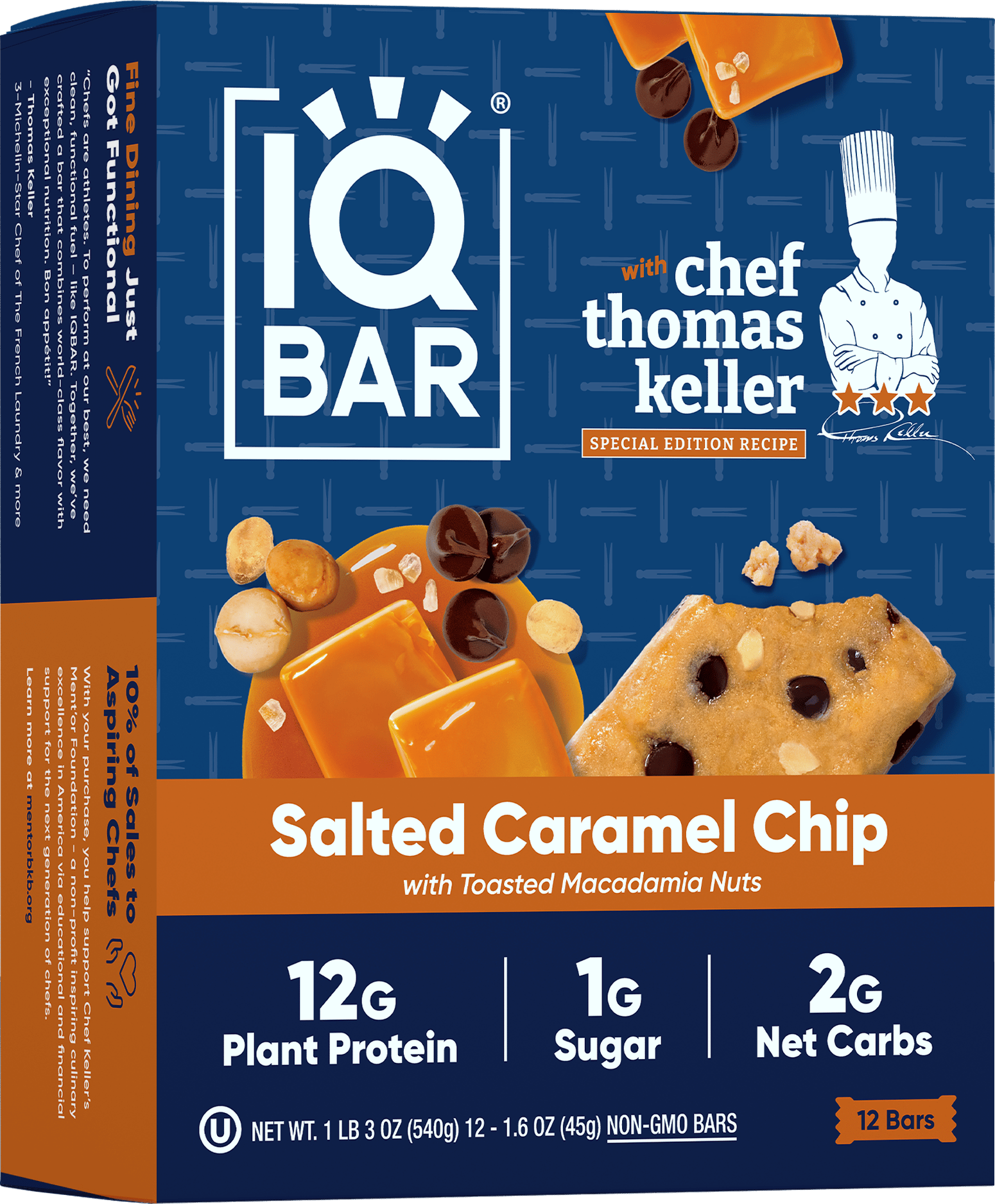 IQ BAR Salted Caramel Chip protein bars, Chef Thomas Keller Special Edition, 12 bars.