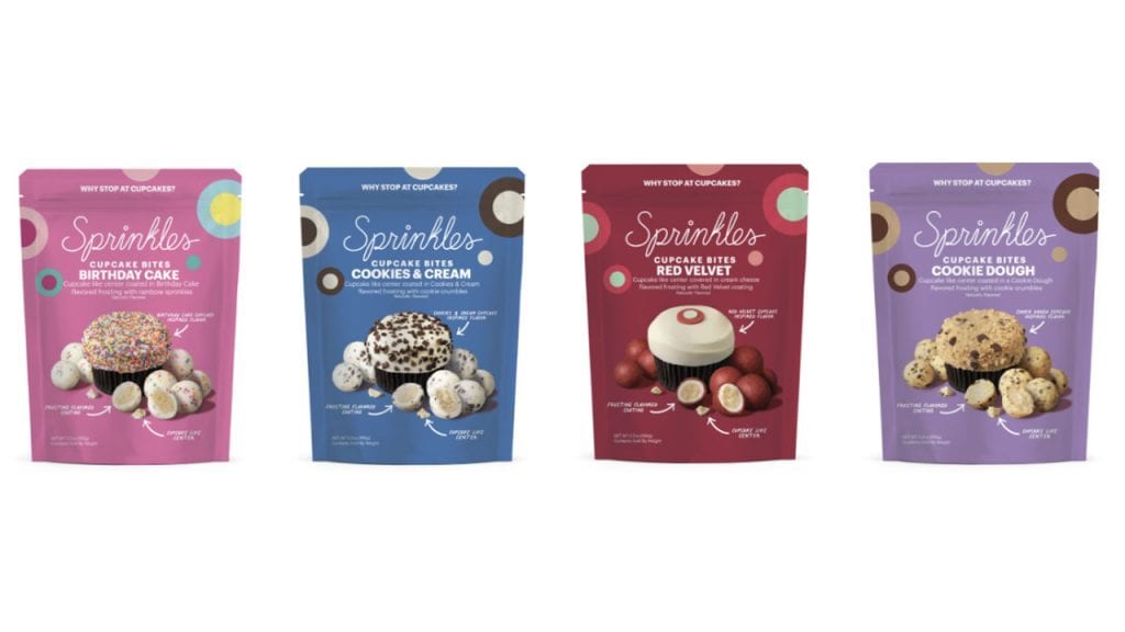 Four pouches of Sprinkles Cupcake Bites in Birthday Cake, Cookies & Cream, Red Velvet, and Cookie Dough flavors.